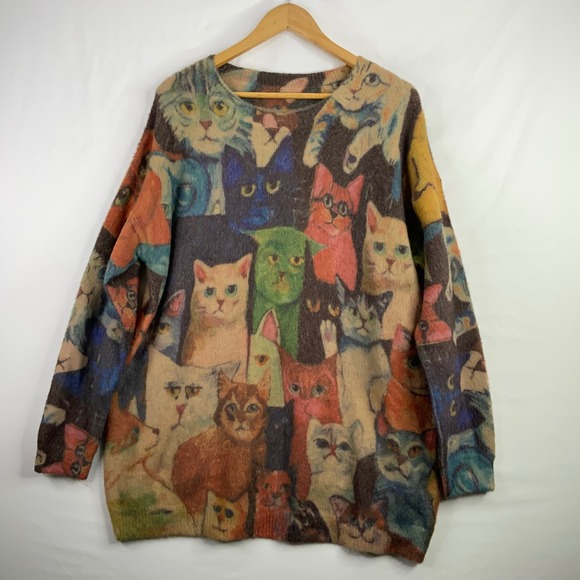 Women Colorful Cat All Over Print Wool Blend Fuzzy Knit Sweater Crewneck Multi - Picture 3 of 7